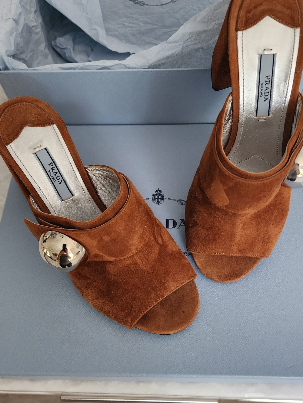 Prada Chestnut Suede Open-Toe Mules with Gold Orb Accent